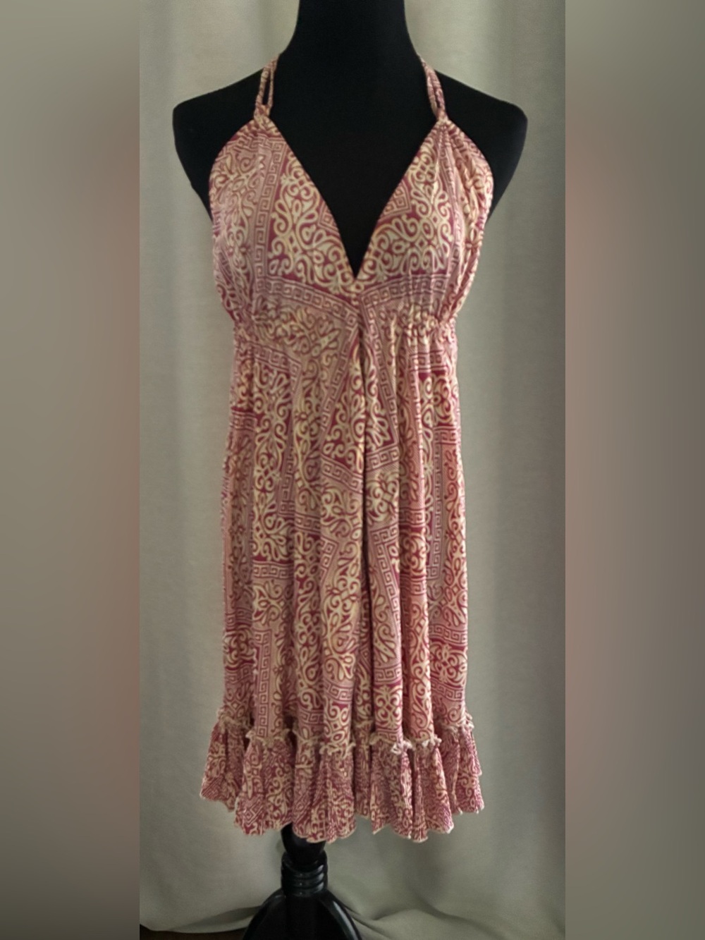 Boho Pink Printed Asymmetrical Halter Dress